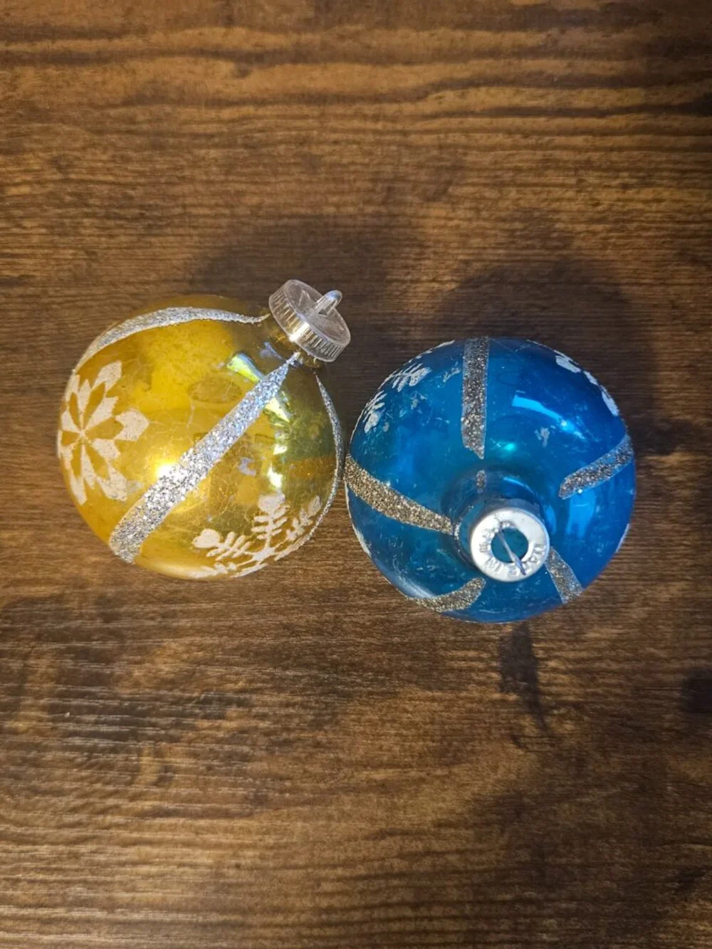2 Vintage Mercury Glass Stenciled Mica Christmas Ornaments West Germany